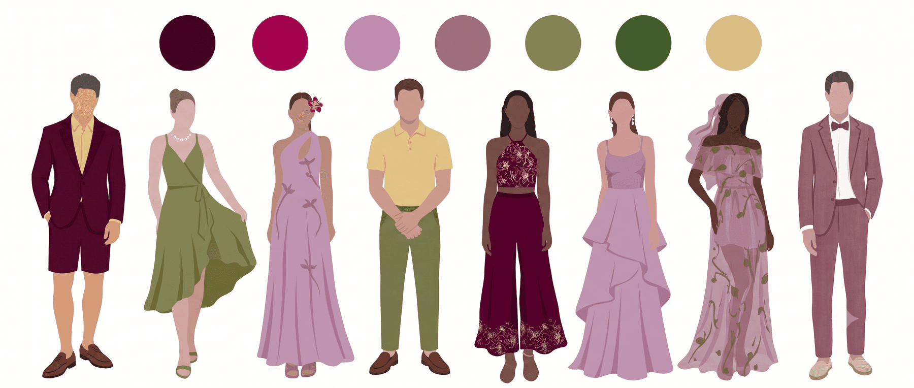 Illustrated guests wearing the wedding palette — wine, raspberry, lilac, mauve, olive, forest green and pale gold